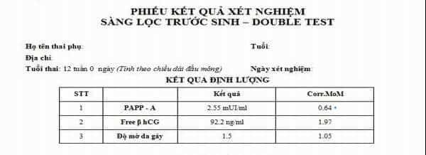 bảng kết quả xét nghiệm double test