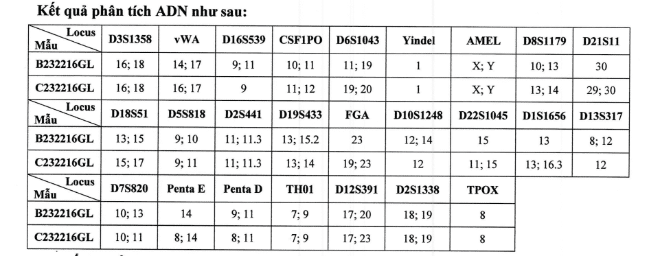 Bảng kết quả phân tích các vị trí locus gen của người cha và con