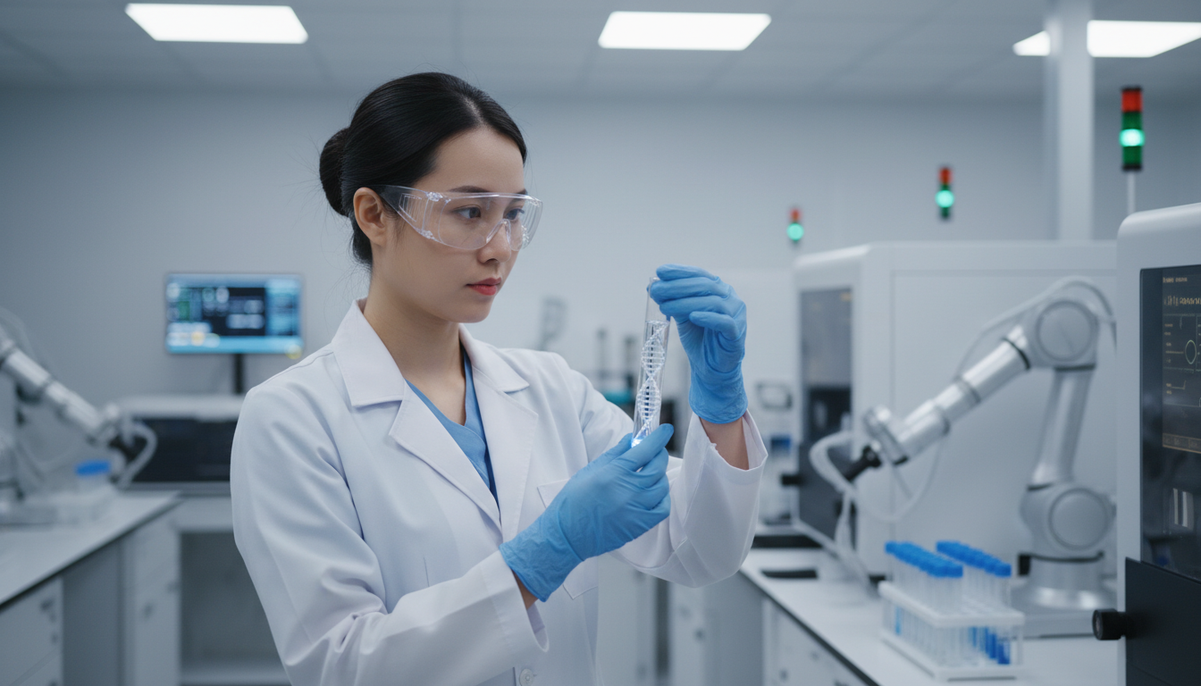 Kỹ thuật viên đang thực hiện phân tích ADN trong phòng lab hiện đại. Một nữ kỹ thuật viên người Việt Nam mặc áo blouse trắng đang tập trung làm việc với mẫu xét nghiệm ADN trong một phòng thí nghiệm công nghệ cao, sạch sẽ và hiện đại.