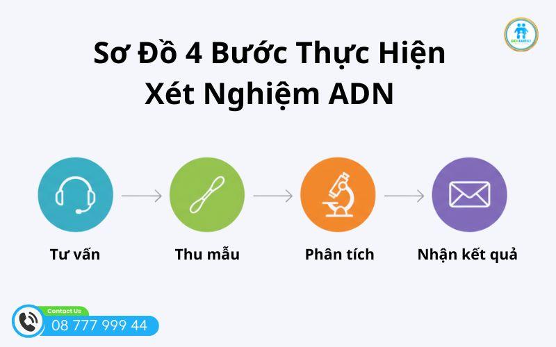 Sơ đồ 4 bước đơn giản để thực hiện một xét nghiệm ADN tiêu chuẩn Sơ đồ quy trình 4 bước thực hiện xét nghiệm ADN, bao gồm: Tư vấn, Thu thập mẫu, Phân tích tại phòng lab, và Nhận kết quả